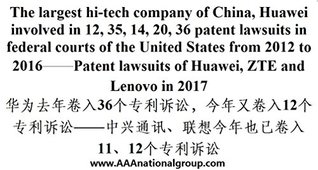 Read The largest hi-tech company of China, Huawei involved in 12, 35, 14, 20, 36 patent lawsuits in federal courts of the United States from 2012 to 2016: Patent lawsuits of Huawei, ZTE and Lenovo in 2017 - AAA National Group New York file in PDF